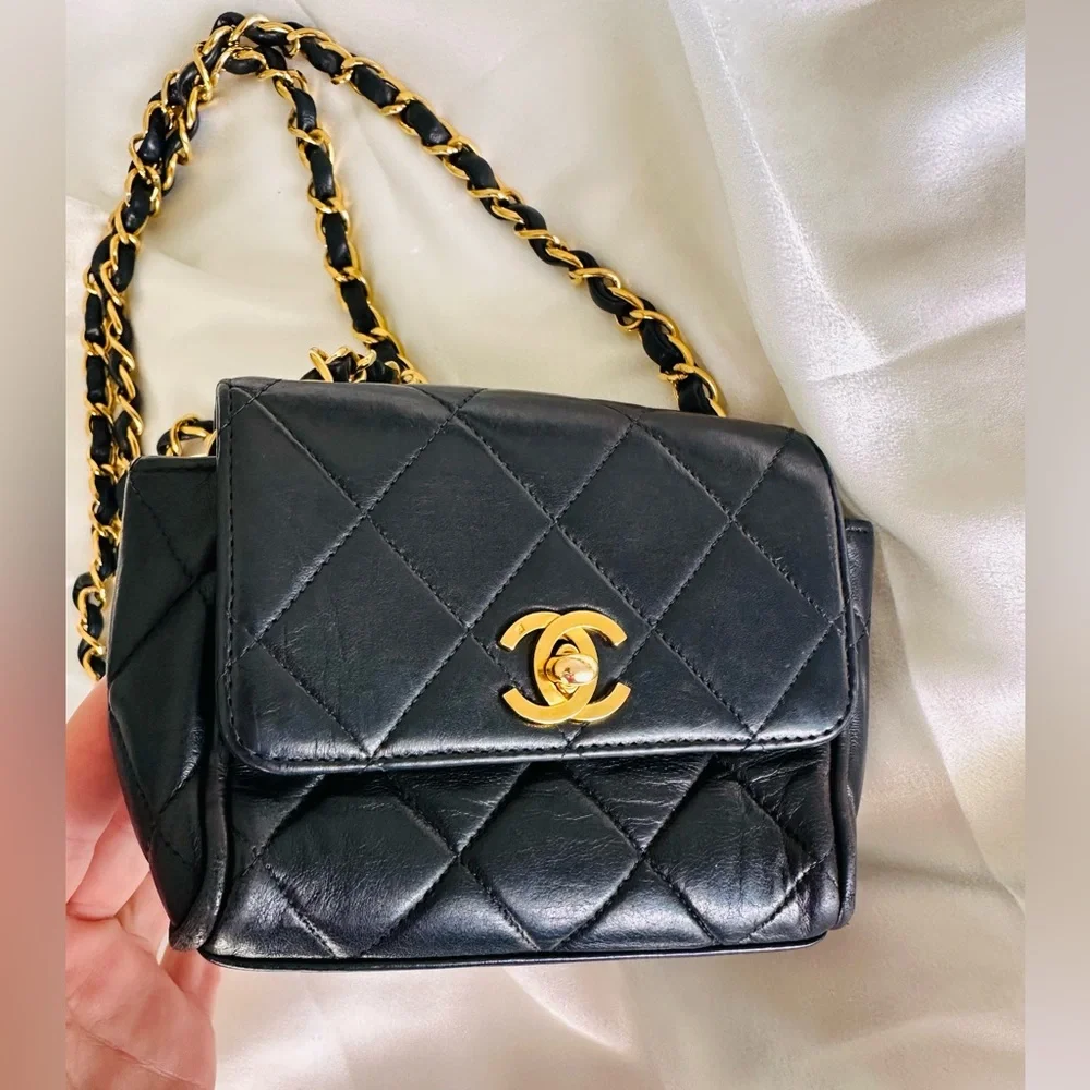 Chanel 1994 Mini Black Quilted Crossbody with Gold Chain